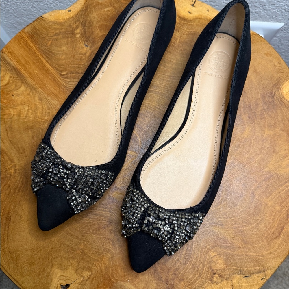 Tory Burch Vanessa Pointed Toe Flats Black Suede Rhinestone Bow Women's sz 8.5